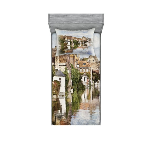 Ambesonne Rustic Fitted Sheet & Pillow Sham Set, Brugge Canal View, Twin, Multicolor