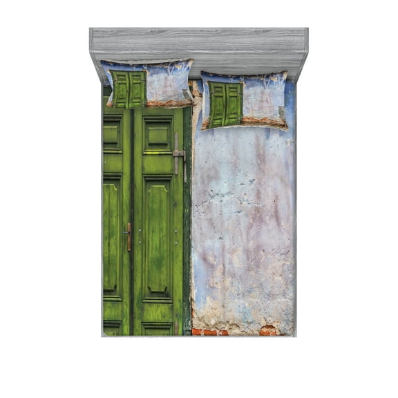 Ambesonne Rustic Fitted Sheet & Pillow Sham Set, Colored House Old Door, Queen, Blue Green