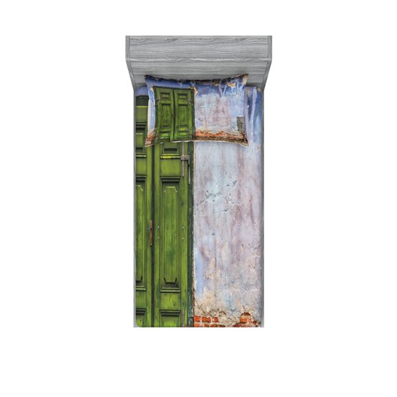 Ambesonne Rustic Fitted Sheet & Pillow Sham Set, Colored House Old Door, Twin, Blue Green