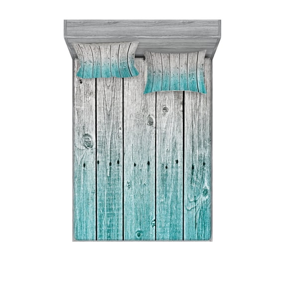 Ambesonne Rustic Fitted Sheet & Pillow Sham Set, Digital Wood Panels, Full, Pale Blue Grey