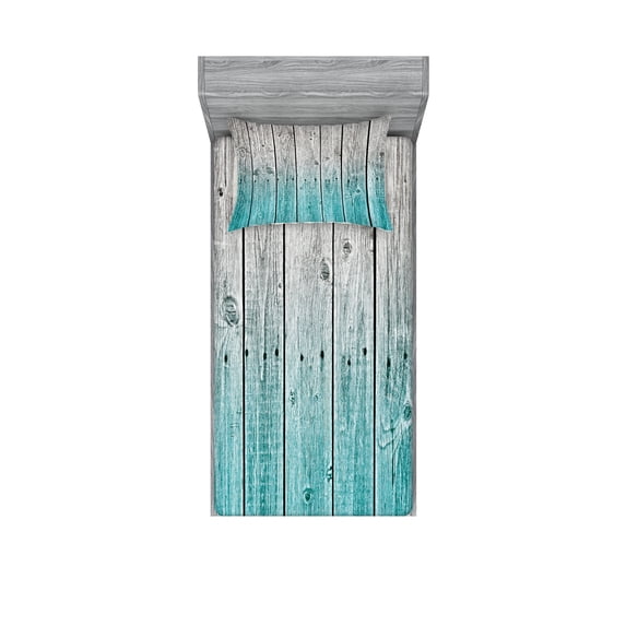 Ambesonne Rustic Fitted Sheet & Pillow Sham Set, Digital Wood Panels, Twinxl, Pale Blue Grey