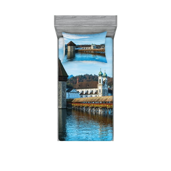 Ambesonne Rustic Fitted Sheet & Pillow Sham Set, European Town Bridge, Twin, Blue Brown