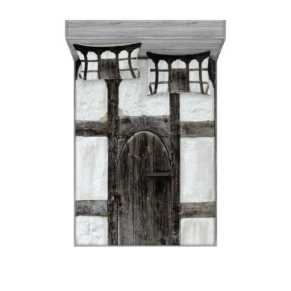 Ambesonne Rustic Fitted Sheet & Pillow Sham Set, Grunge Farmhouse Door, Full, Charcoal White