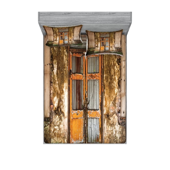 Ambesonne Rustic Fitted Sheet & Pillow Sham Set, Grunge Old Door, Queen, Multicolor