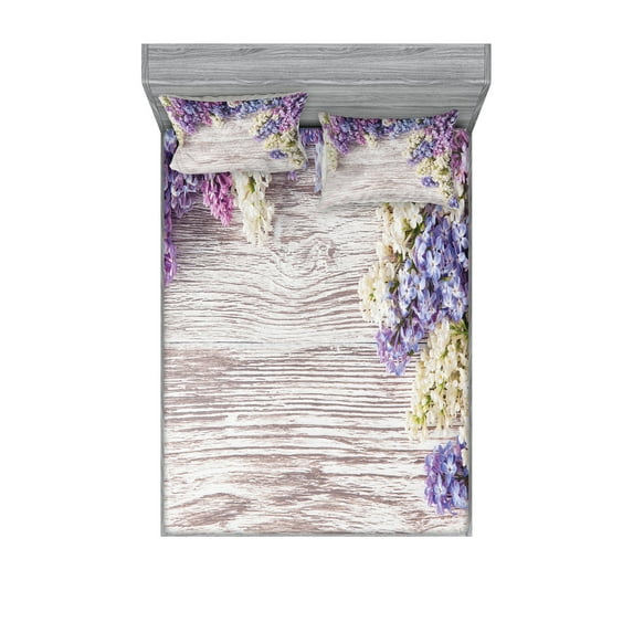 Ambesonne Rustic Fitted Sheet & Pillow Sham Set, Lilac Flowers Bouquet, Queen, Lilac Violet Dark Taupe