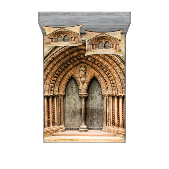 Ambesonne Rustic Fitted Sheet & Pillow Sham Set, Medieval Door, Queen, Cream