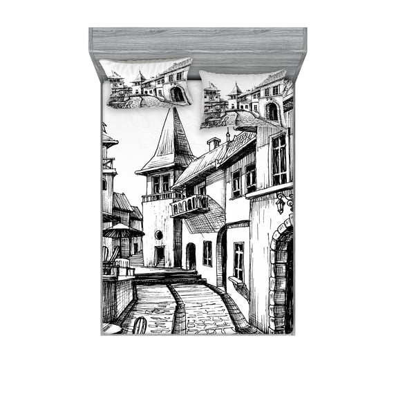Ambesonne Rustic Fitted Sheet & Pillow Sham Set, Old Town Street Peaceful, Queen, Black White