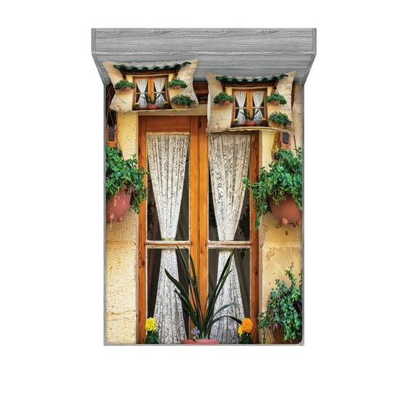 Ambesonne Rustic Fitted Sheet & Pillow Sham Set, Old Window and Flowers, Full, Beige Green