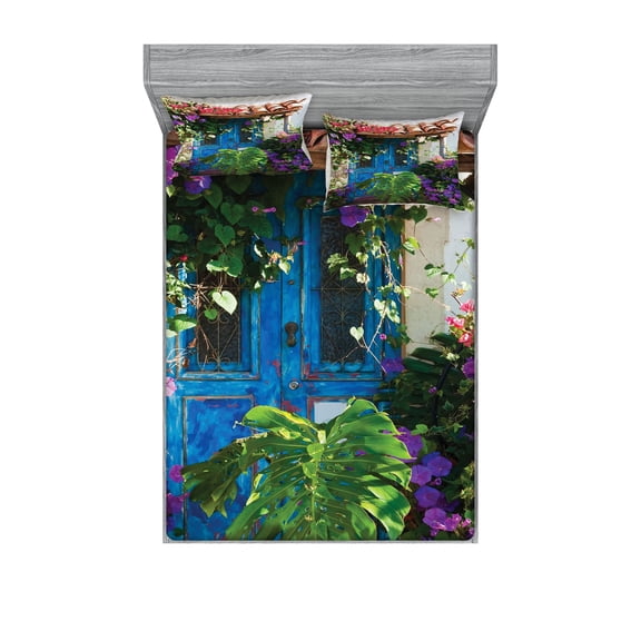 Ambesonne Rustic Fitted Sheet & Pillow Sham Set, Palm Leaves Scene, Full, Multicolor