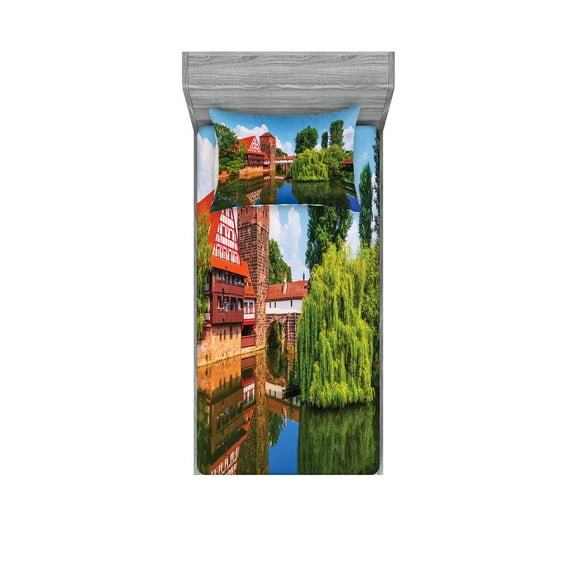 Ambesonne Rustic Fitted Sheet & Pillow Sham Set, Summer View German Town, Twinxl, Orange Blue Green