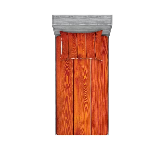 Ambesonne Rustic Fitted Sheet & Pillow Sham Set, Wood Timber Floor Orange, Twinxl, Orange Marigold