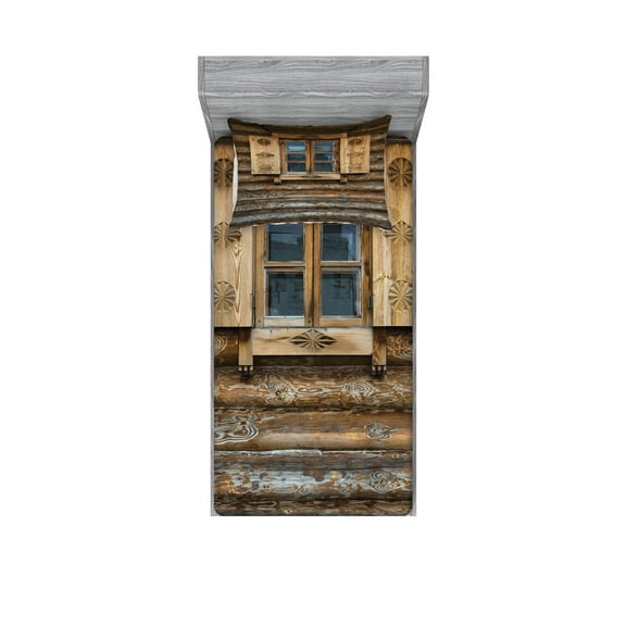 Ambesonne Rustic Fitted Sheet & Pillow Sham Set, Wooden Cottage Shutter, Twinxl, Brown Beige