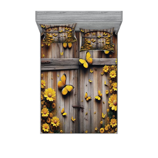 Ambesonne Rustic Fitted Sheet & Pillow Sham Set, Yellow Farmhouse Romance, Queen, Mustard Taupe Caramel