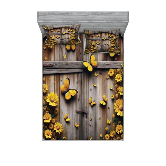 Ambesonne Rustic Fitted Sheet & Pillow Sham Set, Yellow Farmhouse Romance, Queen, Mustard Taupe Caramel