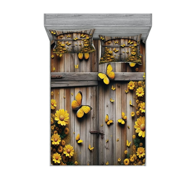Ambesonne Rustic Fitted Sheet & Pillow Sham Set, Yellow Farmhouse Romance, Queen, Mustard Taupe Caramel