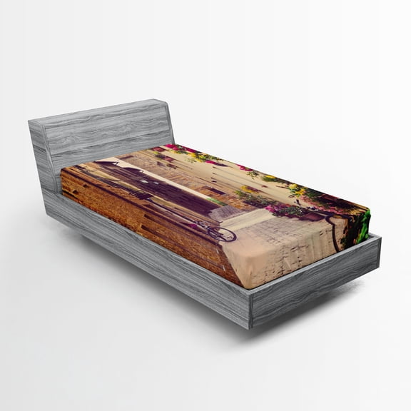 Ambesonne Rustic Fitted Sheet, Street in Italy Flowers, Twin Size, Red Green