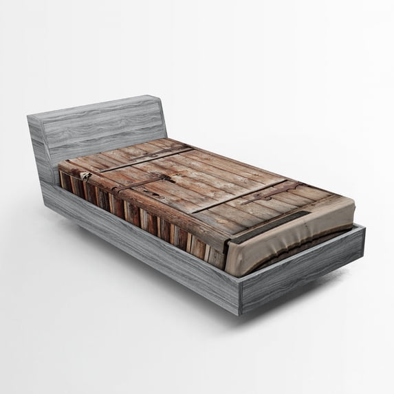 Ambesonne Rustic Fitted Sheet, Timber Door Log House, Twin Size, Brown