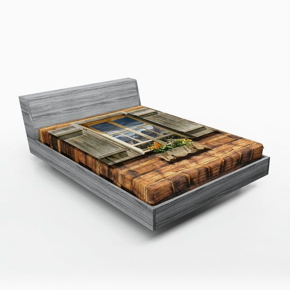 Ambesonne Rustic Fitted Sheet, View from Mountain Hut, Full Size, Brown Green