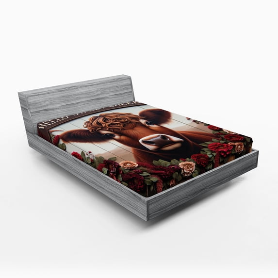 Ambesonne Rustic Fitted Sheet, Vintage Cottagecore Art Cow, California King, Redbrown Maroon Taupe