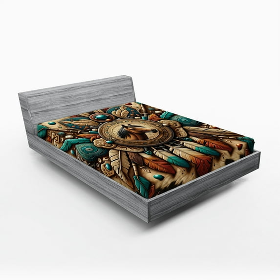 Ambesonne Rustic Fitted Sheet, Wild West Horse Feathers, Full Size, Teal Dark Taupe Cinnamon