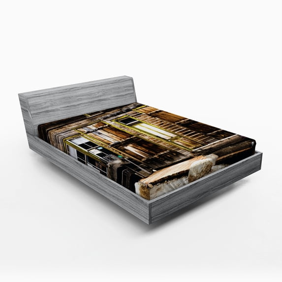 Ambesonne Rustic Fitted Sheet, Wooden Planks and Rocks, Queen Size, Brown