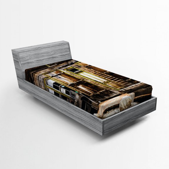 Ambesonne Rustic Fitted Sheet, Wooden Planks and Rocks, Twin XL Size, Brown