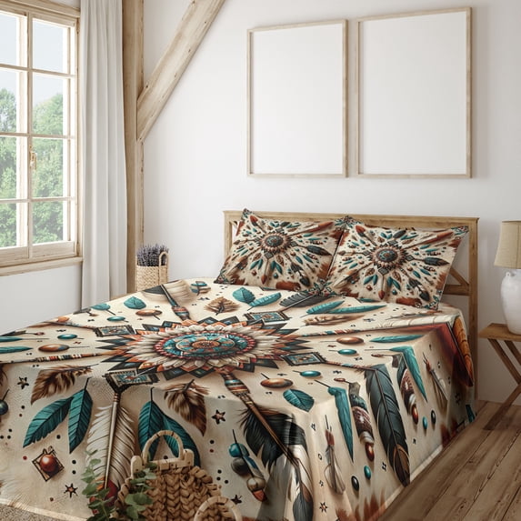 Ambesonne Rustic Fitted & Top Sheet Set with Shams, Feathers and Arrows Folk Art, Redwood Teal Champagne