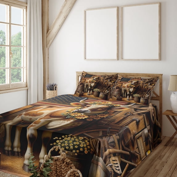 Ambesonne Rustic Fitted & Top Sheet Set with Shams, Grunge Old Glory Barn Cow, Amber and Caramel