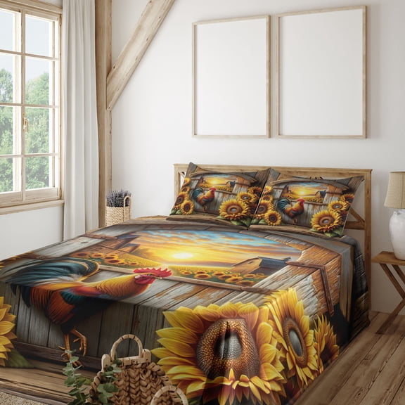 Ambesonne Rustic Fitted & Top Sheet Set with Shams, Sunset Rooster Sunflowers, Earth Yellow and Caramel