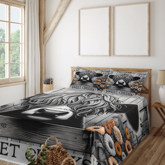 Ambesonne Rustic Fitted & Top Sheet Set with Shams, Vintage Farmhouse Cow Cheeks, Grey Black and Orange