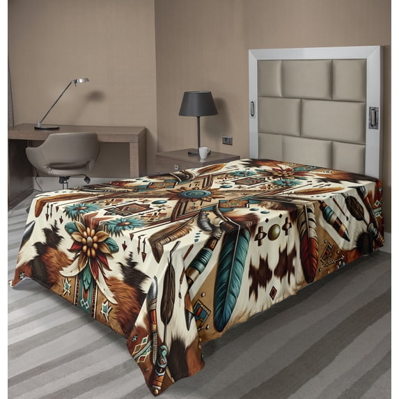 Ambesonne Rustic Flat Sheet, Aztec Inspired Feathers Art, TwinXL Size, Cinnamon Redbrown and Teal