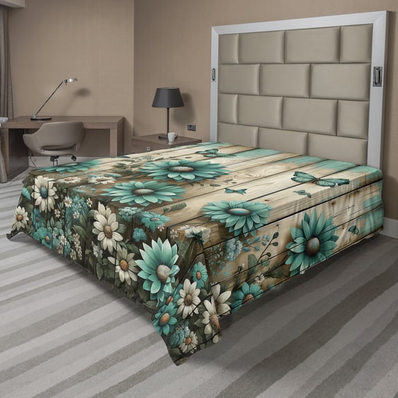 Ambesonne Rustic Flat Sheet, Farmhouse Cold Tone Daisies, Full Size, Turquoise and Grey Yellow