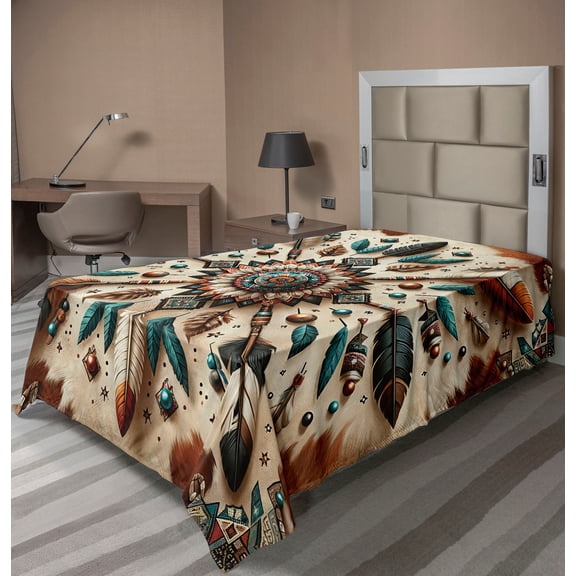 Ambesonne Rustic Flat Sheet, Feathers and Arrows Folk Art, Twin Size, Redwood Teal Champagne