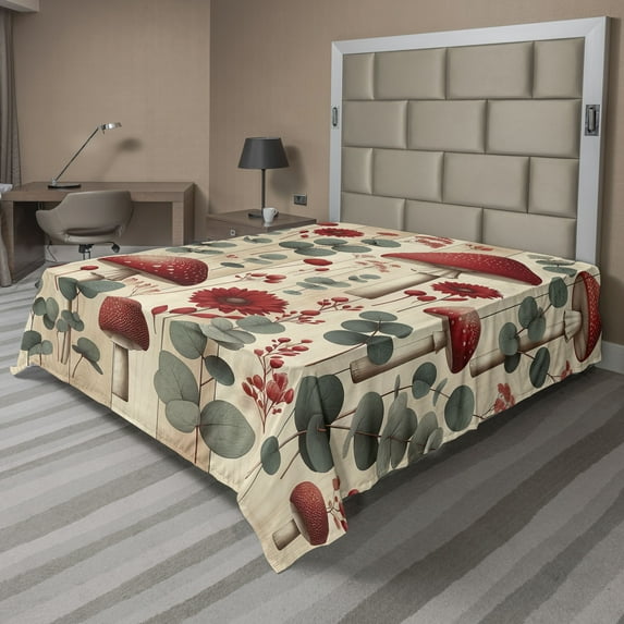 Ambesonne Rustic Flat Sheet, Floral Woodland Mushrooms, Full Size, Champagne Dark Coral