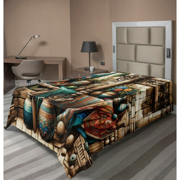 Ambesonne Rustic Flat Sheet, Grunge Ethnic Vases Objects, Twin Size, Pale Brown Teal Cinnamon