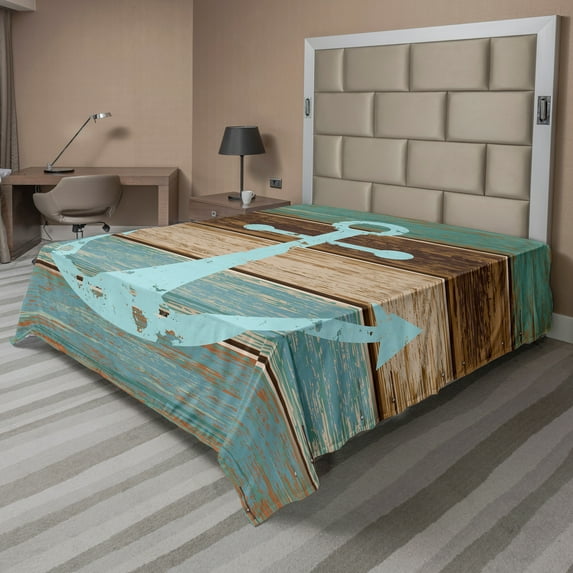 Ambesonne Rustic Flat Sheet, Nautical Rustic, Full Size, Pale Blue Brown Teal