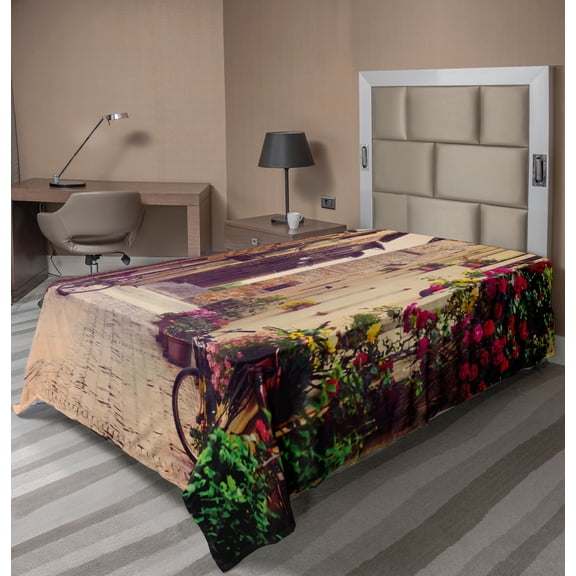 Ambesonne Rustic Flat Sheet, Street in Italy Flowers, Twin Size, Red Green
