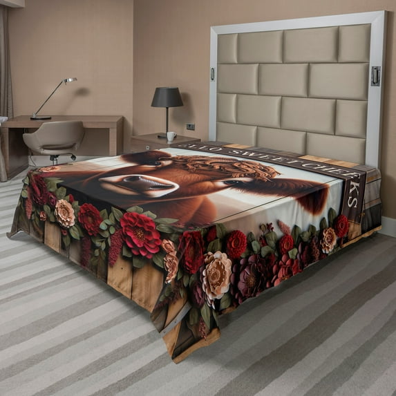 Ambesonne Rustic Flat Sheet, Vintage Cottagecore Art Cow, Queen Size, Redbrown Maroon Taupe