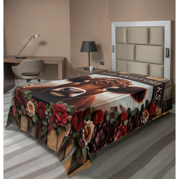 Ambesonne Rustic Flat Sheet, Vintage Cottagecore Art Cow, TwinXL Size, Redbrown Maroon Taupe