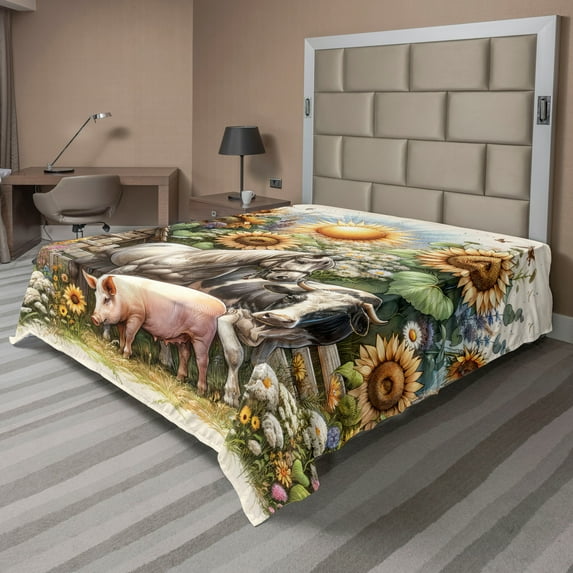 Ambesonne Rustic Flat Sheet, Vintage Rural Farmhouse Life, King Size, Earth Yellow and Multicolor