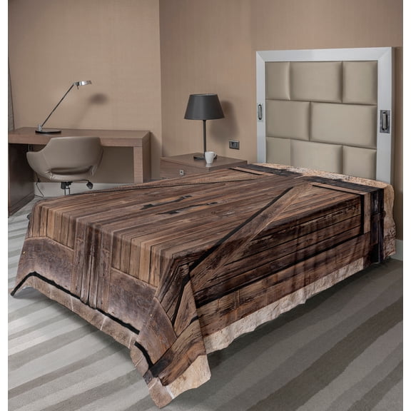 Ambesonne Rustic Flat Sheet, Wooden Barn Door Image, TwinXL Size, Brown