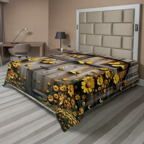 Ambesonne Rustic Flat Sheet, Yellow Farmhouse Romance, Full Size, Mustard Taupe Caramel