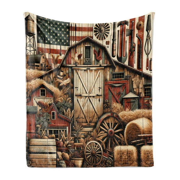 Ambesonne Rustic Fleece Throw Blanket American Barn Western Farm 60"x80" Paprika Caramel and Dark Teal