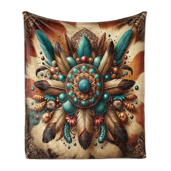 Ambesonne Rustic Fleece Throw Blanket Boho Earthy Feathers Mandala 70"x90" Teal Cinnamon Brown