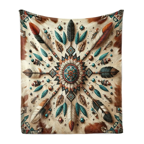 Ambesonne Rustic Fleece Throw Blanket Feathers and Arrows Folk Art 60"x80" Redwood Teal Champagne