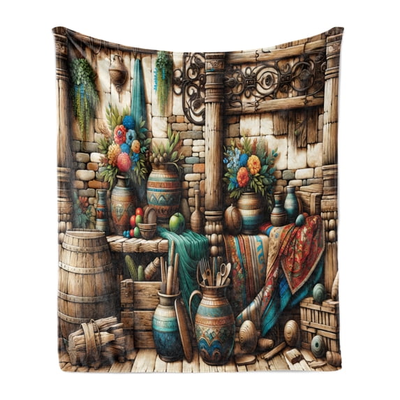Ambesonne Rustic Fleece Throw Blanket Grunge Ethnic Vases Objects 50"x70" Pale Brown Teal Cinnamon