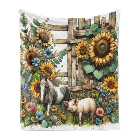 Ambesonne Rustic Fleece Throw Blanket Vintage Farm Pig and Horse 50"x70" Mustard Green Taupe