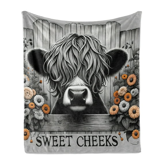 Ambesonne Rustic Fleece Throw Blanket Vintage Farmhouse Cow Cheeks 70"x90" Grey Black and Orange