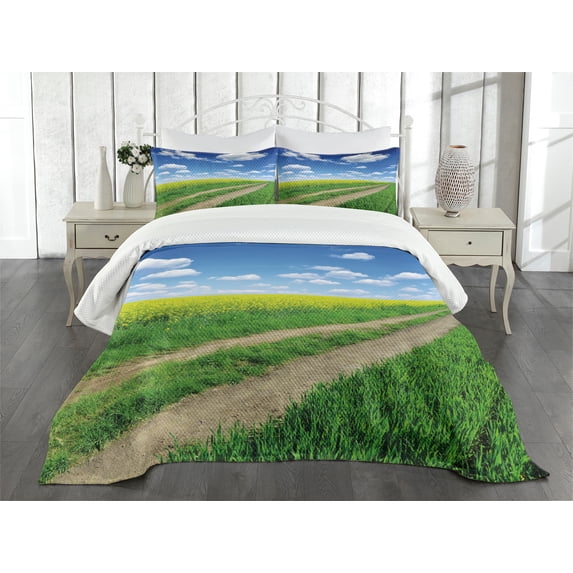 Ambesonne Rustic Home Quilted Bedspread Set 3 Pcs, Flower Field, King Size, Green Blue White