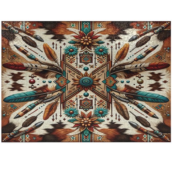 Ambesonne Rustic Jigsaw Puzzle, Aztec Inspired Feathers Art, Heirloom-Quality Fun Activity for Family Durable Cardboard, 1000 pcs, Cinnamon Redbrown and Teal